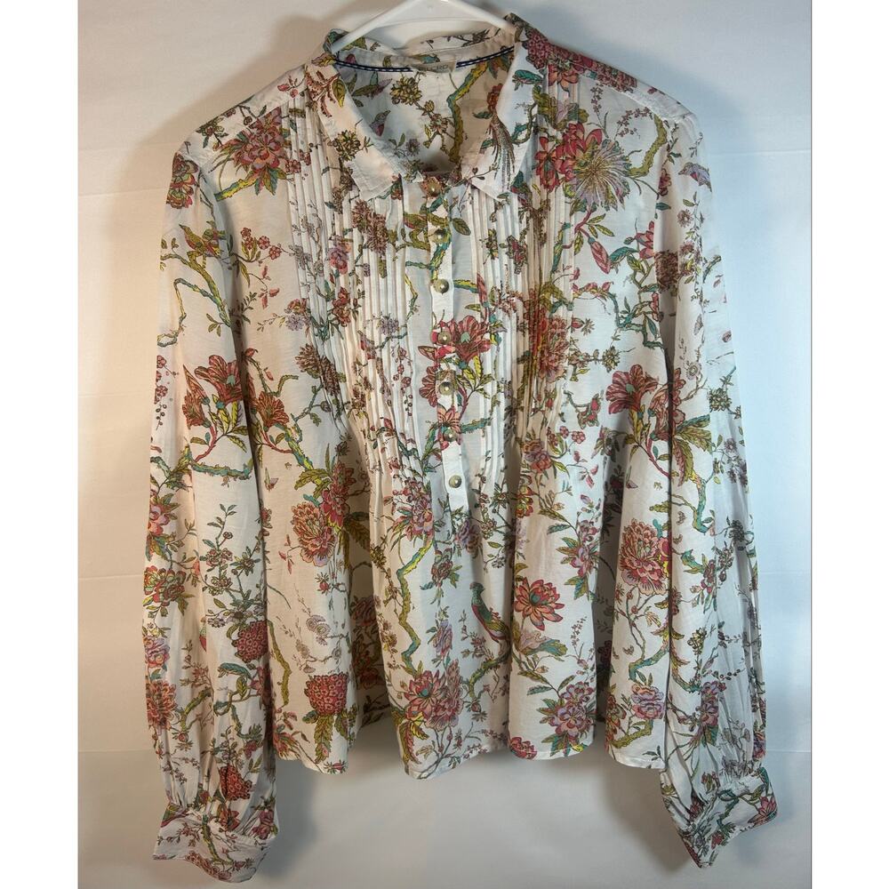 Anthropology Pilcro Floral Birds Cropped botton Long Sleeve Shirt